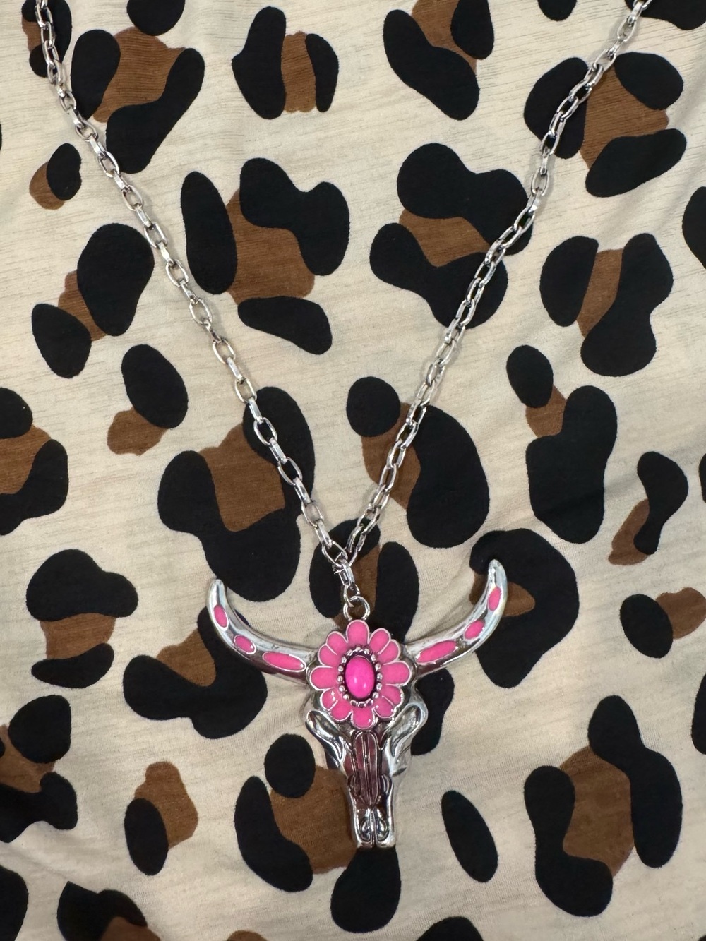Pink Flower Bull Skull Necklace - Unbranded